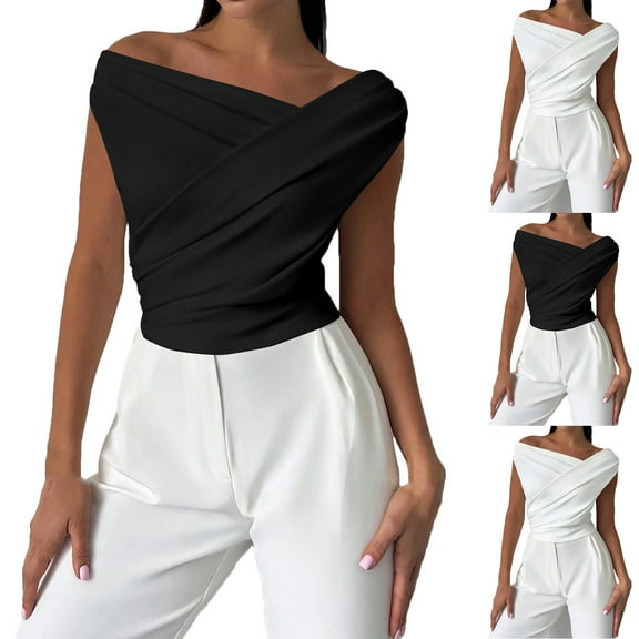 FRSASU Womens Summer Tank Tops V Neck Sleeveless Summer Oblique Shoulder Casual Slim Fashion Top White XL(XL)