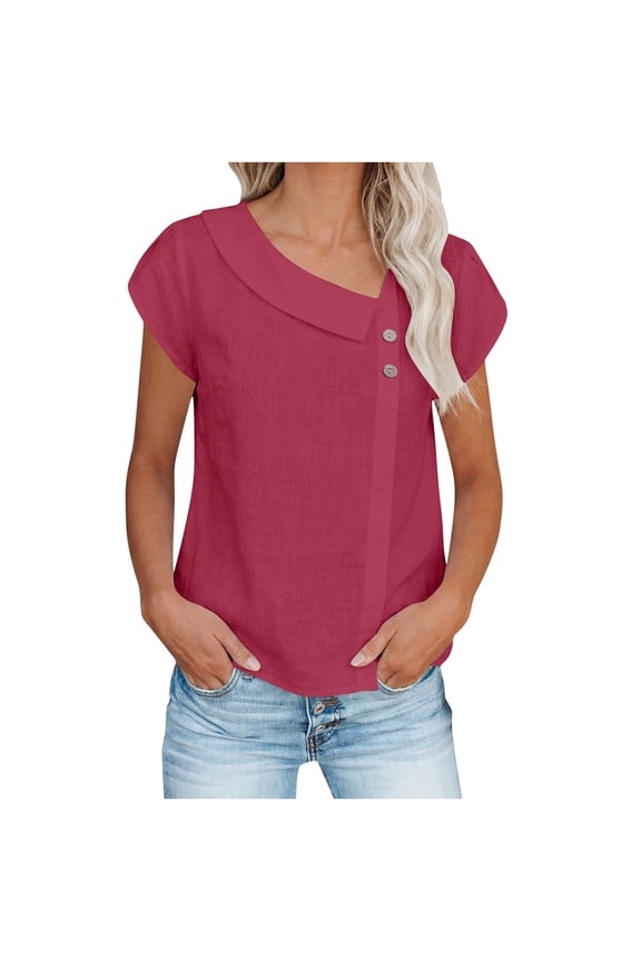 Womens Summer Tops Cap Sleeve Blouses for Women Dressy Cotton Linen Casual Collar Button Tunic Shirts Wine