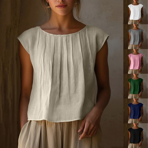 FRSASU Womens Summer Tops Casual Cotton Linen T-Shirts Cap Sleeve Crew Neck Pleated Loose Tops White