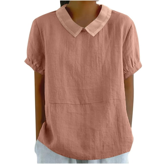 FRSASU Womens Summer Tops Clearance Women'S Loose Solid Color Oversized Cotton and Linen Short Sleeved Patchwork Lapel Shirt Top Orange 6(M)