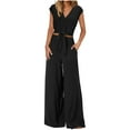thumbnail image 1 of FRSASU Womens Summer Tops Clearance Women'S V-Neck Long Sleeved Lace Up Exposed Navel Top Wide Leg Pants Set Black 4(S), 1 of 5