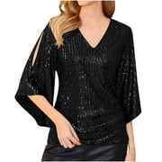 FRASU FRSASU Womens Summer Tops Clearance Womens Sequin Tops 3/4 Sleeve Glitter Sparkly Party Blouse V-Neck Dressy Tops for Evening Party Black 10(XL)