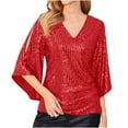 thumbnail image 1 of FRSASU Womens Summer Tops Womens Sequin Tops 3/4 Sleeve Glitter Sparkly Party Blouse V-Neck Dressy Tops for Evening Party Red 8(L), 1 of 5