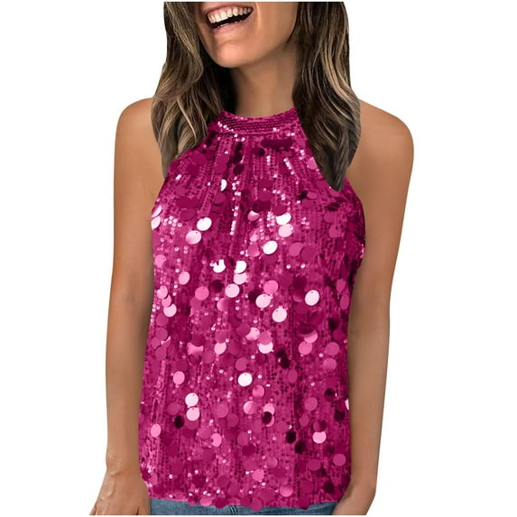 FRSASU Womens Summer Tops Womens Sequin Tops Sleeveless off Shoulder Glitter Sparkly Party Blouse V-Neck Dressy Tops for Evening Party Hot Pink S