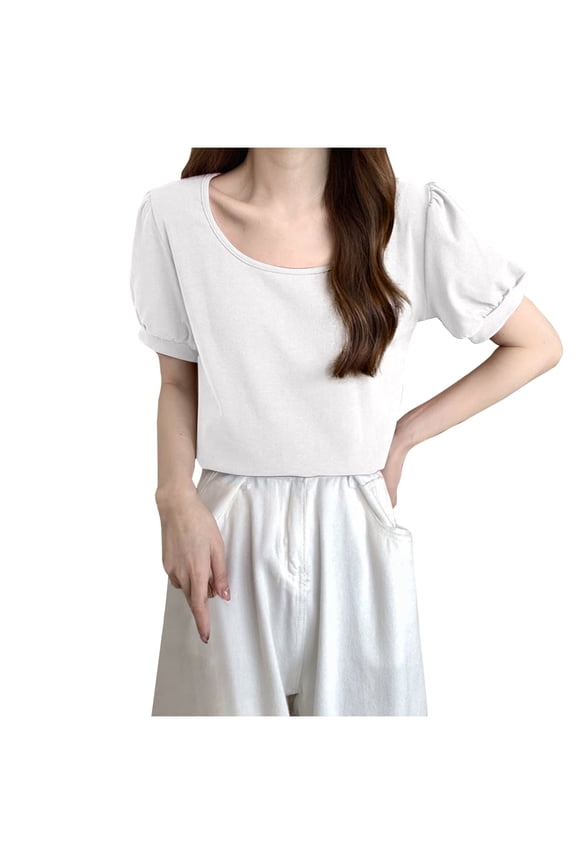 Womens Summer Tops Elegant Loose Fit Short Puff Sleeve Tunic Tops Dressy Ladies Round Neck Casual Shirts White