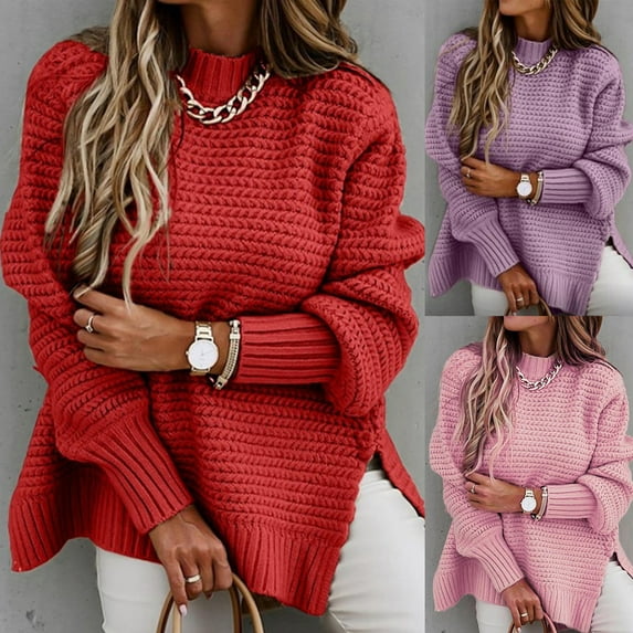 FRSASU Womens Sweaters Long Sleeve round neck Shirts Loose Casual Fashion Tops knitted sweater top Red