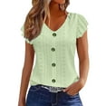 thumbnail image 1 of FRSASU Womens T Shirts Pleated Short Sleeve V Neck Button Casual Tees Spring Summer Basic Coay Tops Green, 1 of 6