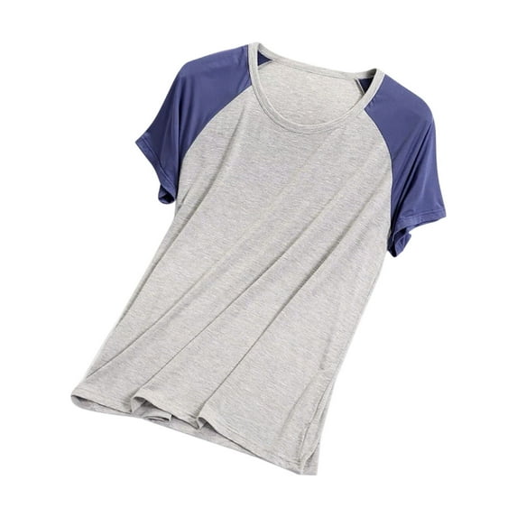 FRSASU Womens T Shirts Short Sleeve Pajama Tops Color Block Round Neck Soft Loose Shirts Casual Tops Blue