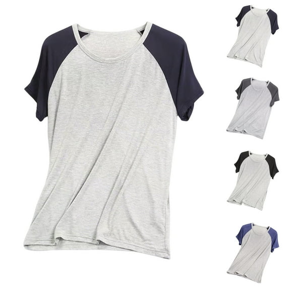 FRSASU Womens T Shirts Short Sleeve Pajama Tops Color Block Round Neck Soft Loose Shirts Casual Tops Navy
