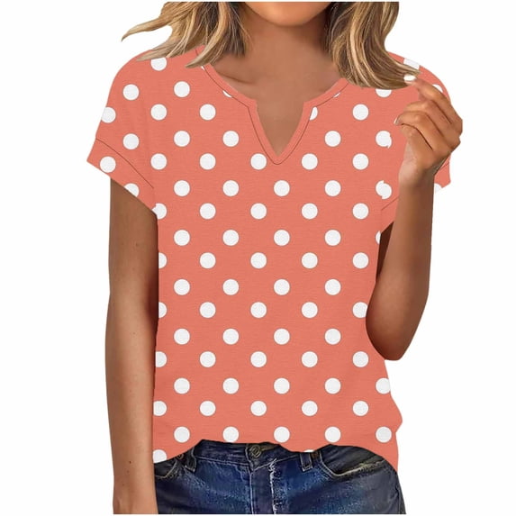 FRSASU Womens T Shirts Short Sleeve V Neck Polka Dot Printed Basic Tees Soft Casual Loose Fit Summer Fashion Tops Pink