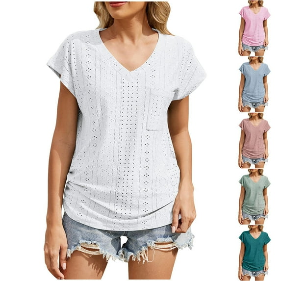 FRSASU Womens T Shirts Solid Color Short Sleeve V Neck Loose Breathable Casual Summer Tops with Pocket White