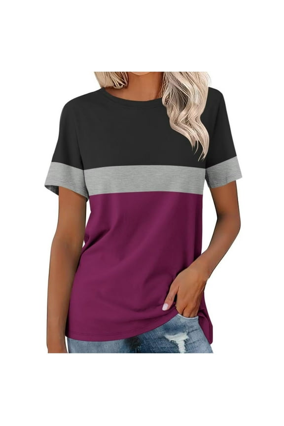 Womens T Shirts Summer Casual Oversized Crewneck Loose Fit Short Sleeve Striped Tops Fashion Comfy Basic Tee Blouses Watermelon Red