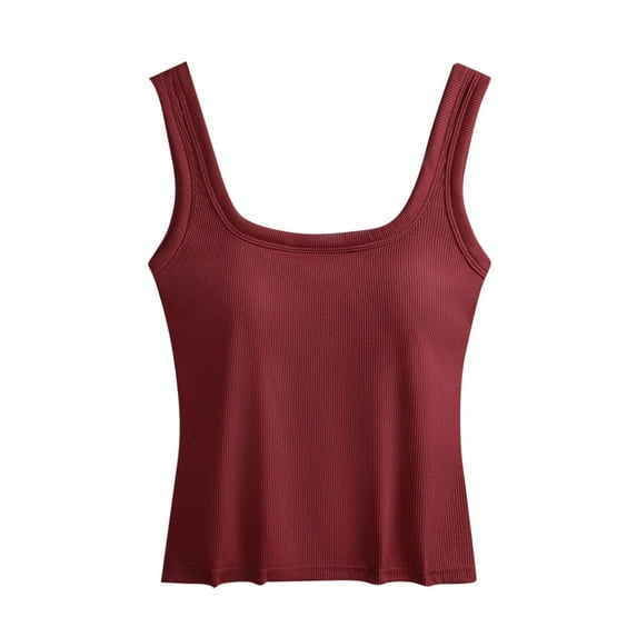 FRSASU Womens Tank Top with Built in Bra Fitted Tank Tops Solid Color Sleeveless Round Neck Vest Red