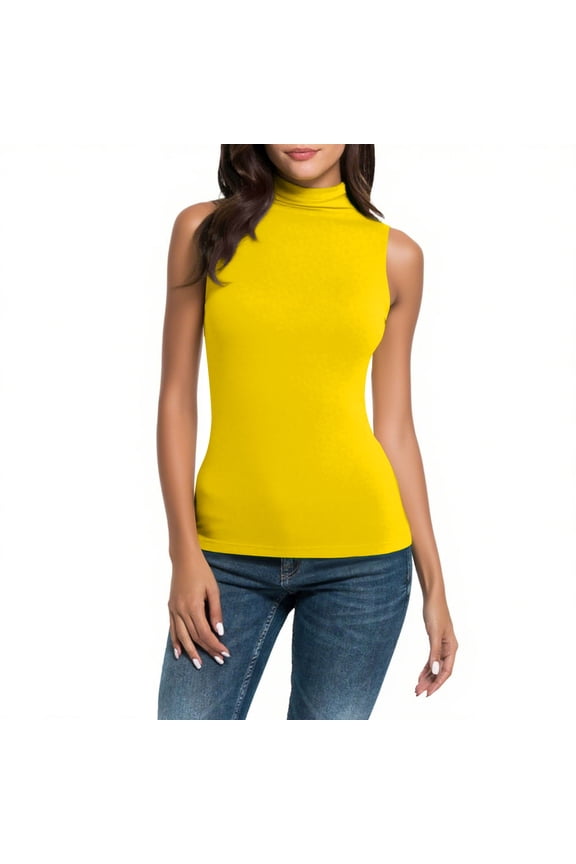Womens Tank Tops High Neck Solid Color Sleeveless Tank Casual Basic Slim Fitted Shirts Tops Yellow S(S)