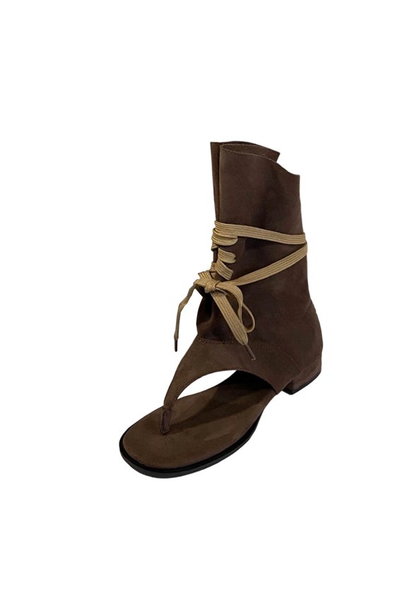 Womens Tassel Embellished Flip Summer Boots Vintage Open Toe Flat with Slip On Mid-calf Booties Coffee