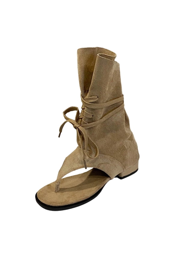Womens Tassel Embellished Flip Summer Boots Vintage Open Toe Flat with Slip On Mid-calf Booties Khaki