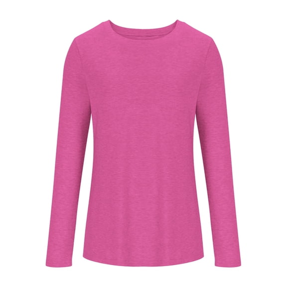 FRSASU Womens Tops Casual Round Neck Solid Color Shirts Fashion Loose Comfort Long Sleeve Pullover Blouses Hot Pink