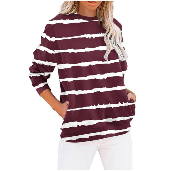 FRSASU Womens Tops Dressy Casual Crew Neck Stripe Print Long Sleeve Work Fashion Blouses with Pocket Wine L(L)
