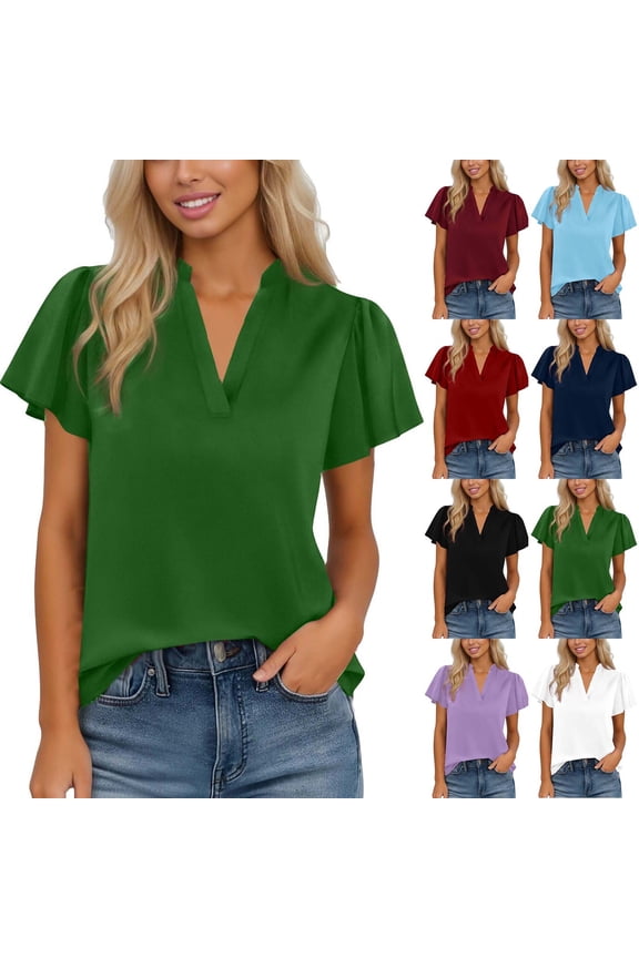 Womens Tops Dressy Casual Summer Flutter Sleeve T-Shirts Trendy Ruffle Short Sleeve Loose V-Neck Tunic Tops White