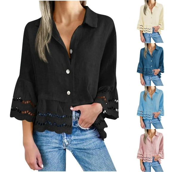 FRSASU Womens Tops Dressy Lace Trim Lapel 3/4 Length Sleeve Shirts Trendy Blouses Casual Loose Tunics Pink