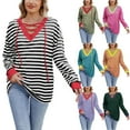 thumbnail image 1 of FRSASU Womens Tops Long Sleeve Casual Striped Color Block V Neck Fashion Loose T Shirts Pink, 1 of 8