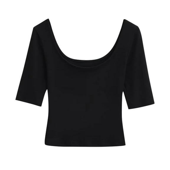 FRSASU Womens Trendy Solid Color Half Sleeve Slim Fit Basic Scooped Neck and Backless Crop Top Black