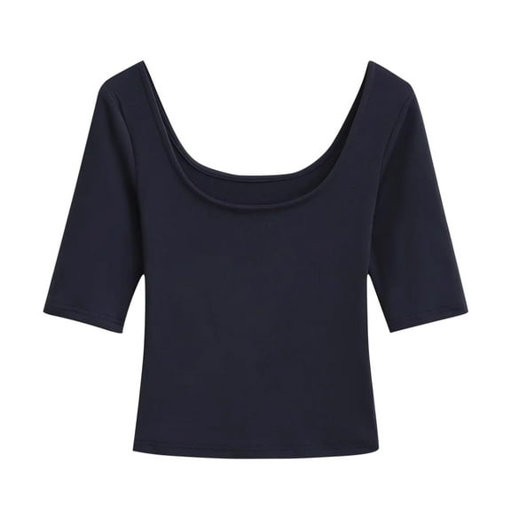 FRSASU Womens Trendy Solid Color Half Sleeve Slim Fit Basic Scooped Neck and Backless Crop Top Navy