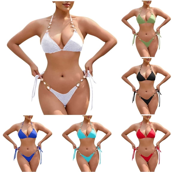 FRSASU Womens Triangle Metallic Bikini Set, Crystal Rhinestone Headband Halter Swimsuit, Cheeky Tie Bathing Suit White