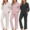 thumbnail image 1 of FRSASU Womens Two Piece Outfits Solid Color Casual Sweatsuits Long Sleeve Pullover Lounge Wide Leg Pant Sets Pink, 1 of 5