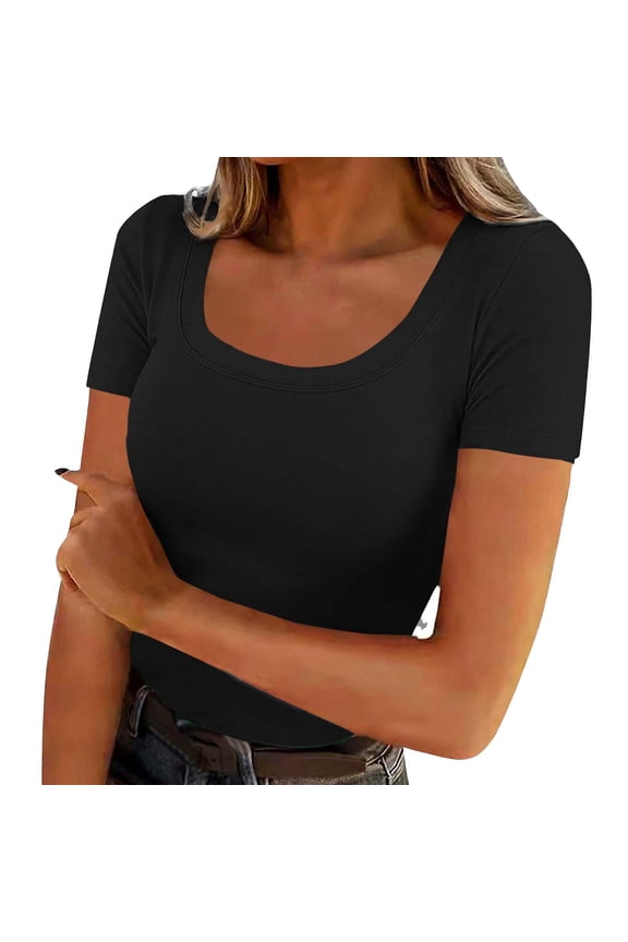 Womens U Neck Short Sleeve Basic Tee Tops Solid Color Slim Fitted T-Shirts for Spring Summer Black