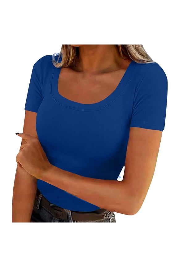 Womens U Neck Short Sleeve Basic Tee Tops Solid Color Slim Fitted T-Shirts for Spring Summer Blue