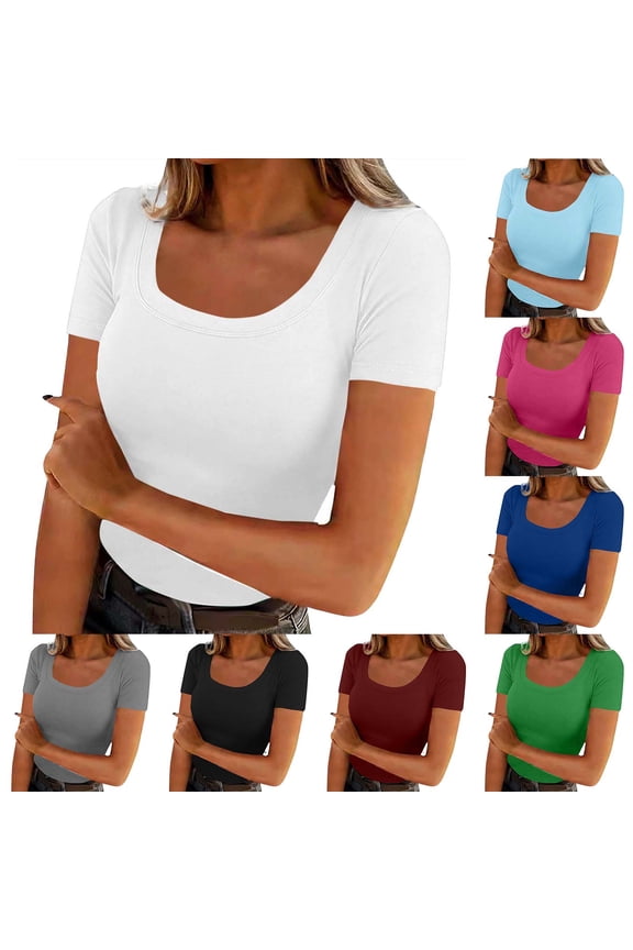 Womens U Neck Short Sleeve Basic Tee Tops Solid Color Slim Fitted T-Shirts for Spring Summer White