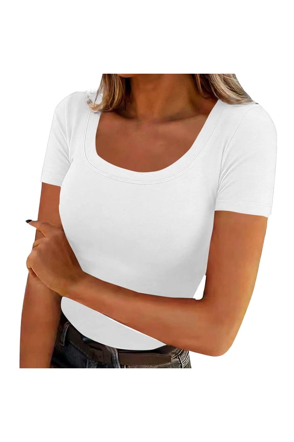 Womens U Neck Short Sleeve Basic Tee Tops Solid Color Slim Fitted T-Shirts for Spring Summer White