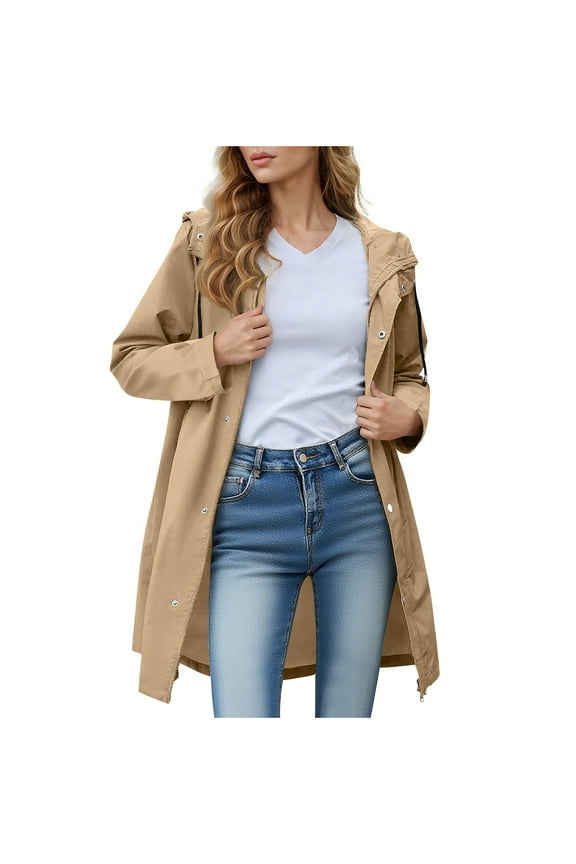 Womens Utility Jacket Long Sleeve Hooded Waterproof Windproof Button Lightweight Zip up Casual Jacket with Pockets Khaki