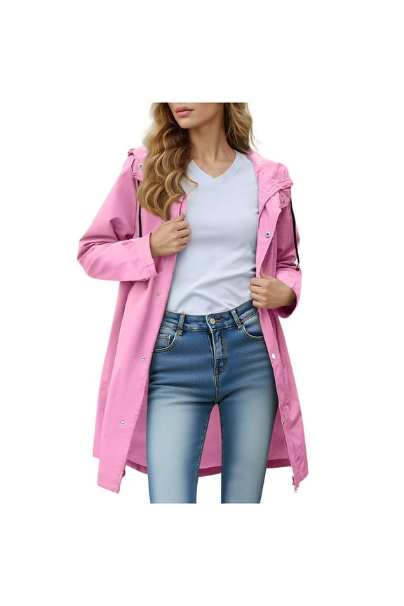 Womens Utility Jacket Long Sleeve Hooded Waterproof Windproof Button Lightweight Zip up Casual Jacket with Pockets Pink