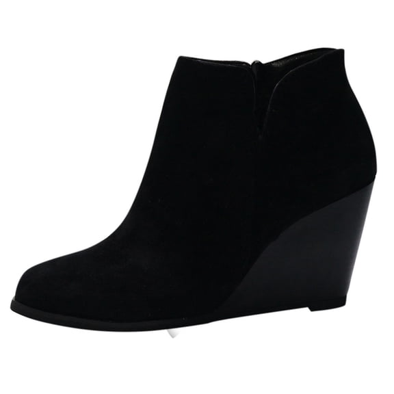 FRSASU Womens V Cut Wedge Ankle Booties Zip-up Closed Toe Stacked Heel Faux Suede Winter Boots On