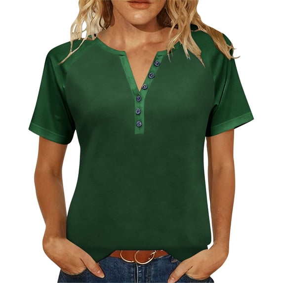 FRSASU Womens V Neck Basic Tops Solid Color Tunic T Shirts Summer Short Sleeve Casual Cotton Tees Shirts Army Green