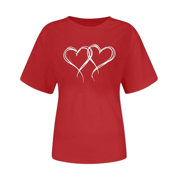 FRSASU Womens Valentine Love Printed Shirt Round Neck Short Sleeved Casual Tshirt Lightweight Trendy Valentine's Clothes Red