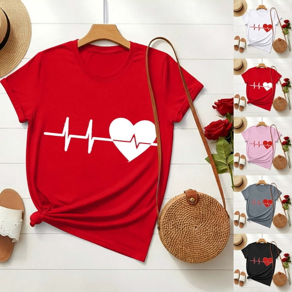 FRSASU Womens Valentine Love Printed Shirt Round Neck Short Sleeved Casual Tshirt Lightweight Trendy Valentine's Clothes White