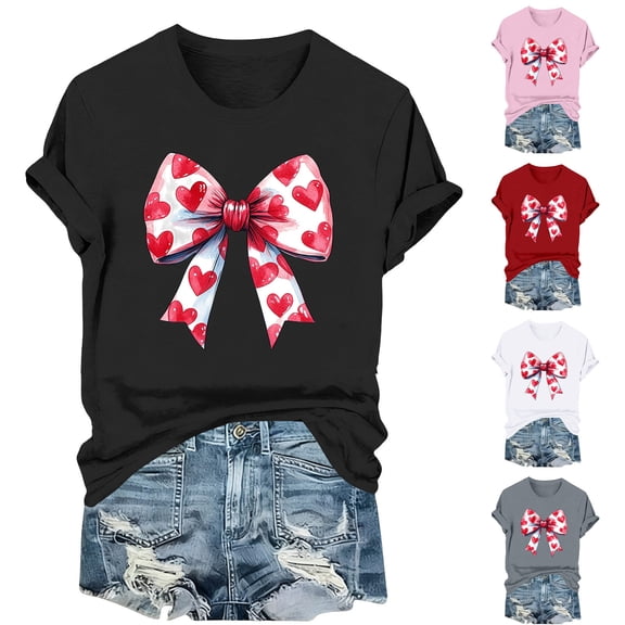 FRSASU Womens Valentines Shirts Bow Printed Short Sleeve Spring Summer Crewneck Tops Basic Versatile Style T-Shirts White