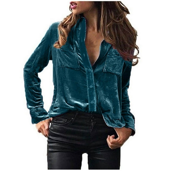 FRSASU Womens Velvet Tops Casual Vintage Long Sleeve Lapel Neck Button Down Shirts Trendy Clothes Blue