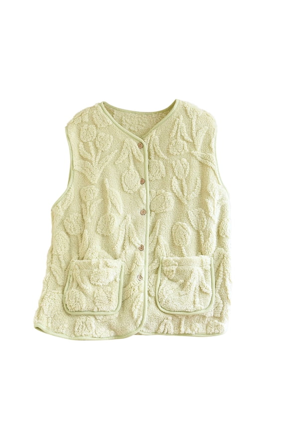 Womens Vest Casual Warm Fuzzy Fleece Vest Sleeveless Fleece Jacket Pockets Button Down Winter Home Clothes Sleepwear Green