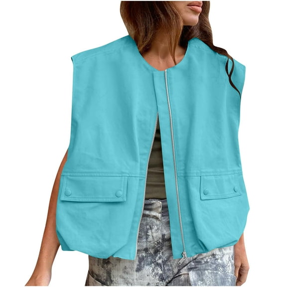 FRSASU Womens Vest Zip up Sleeveless Jackets Fall Fashion Solid Color Warm Hoodless Jacket with Pockets Sky Blue