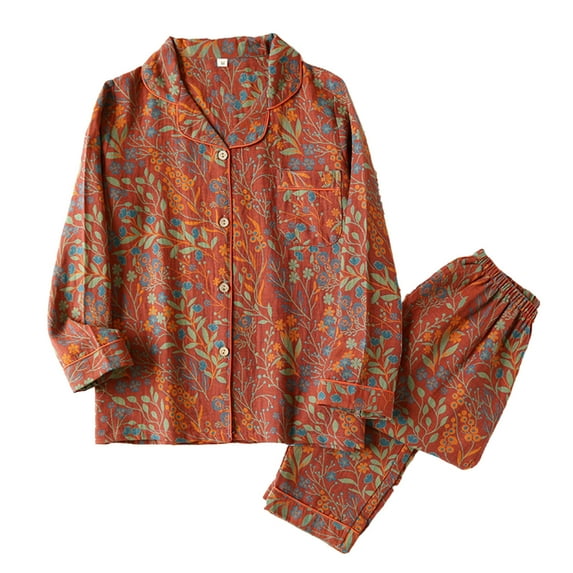 FRSASU Womens Vintage Leaf Print Lapel Loungewear Set,Colorful Floral Long Sleeve Trousers Cardigan,Women's Pajama Two Piece Set Red