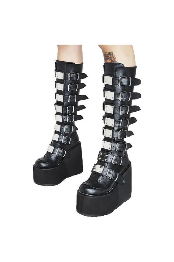 Womens Wedge Platform Knee High Boots High Heel Round-Toe Zip Punk Goth Mid Calf Combat Boots for Women On