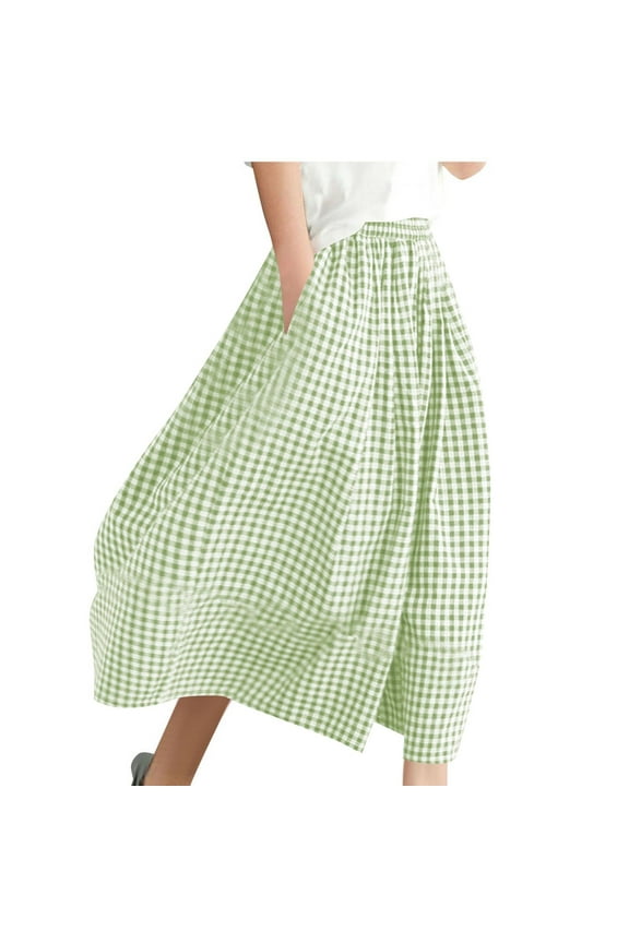 Womens Wide Leg Capri Pants Cotton Gingham Plaid Culottes Summer Elastic Waist Trousers with Pockets Green