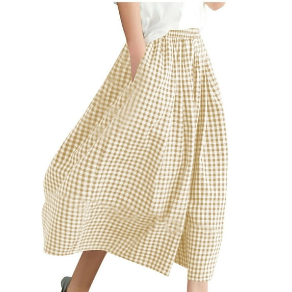 FRSASU Womens Wide Leg Capri Pants Cotton Gingham Plaid Culottes Summer Elastic Waist Trousers with Pockets Khaki