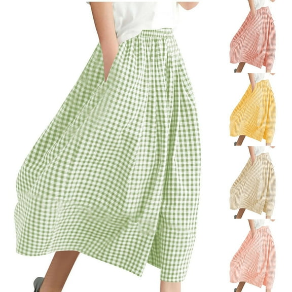 FRSASU Womens Wide Leg Capri Pants Cotton Gingham Plaid Culottes Summer Elastic Waist Trousers with Pockets Yellow