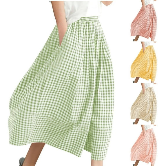 FRSASU Womens Wide Leg Capri Pants Cotton Gingham Plaid Culottes Summer Elastic Waist Trousers with Pockets Yellow