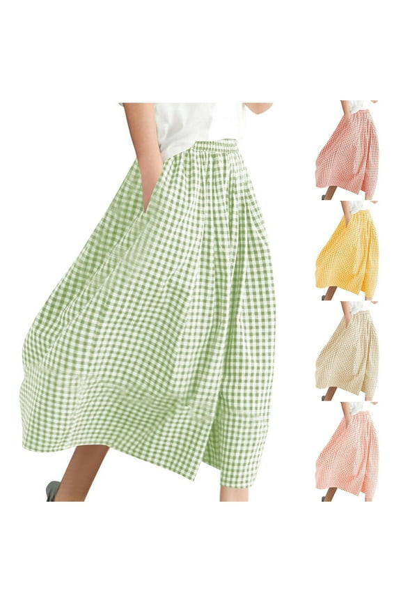 Womens Wide Leg Capri Pants Cotton Gingham Plaid Culottes Summer Elastic Waist Trousers with Pockets Yellow